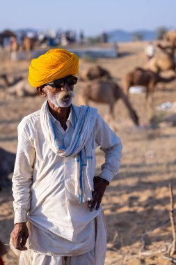 Puşkar, Rajasthan, Hindistan - Kasım 09 2024: Geleneksel beyaz giysili rajasthani erkek portresi çöl panayırında deve fuarı sırasında deve ticareti sırasında sarıklı.