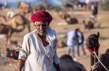 Puşkar, Rajasthan, Hindistan - Kasım 09 2024: Geleneksel beyaz giysili rajasthani erkek portresi çöl panayırında deve fuarı sırasında deve ticareti sırasında sarıklı.
