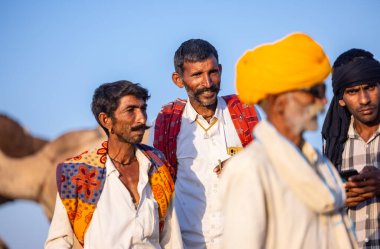 Puşkar, Rajasthan, Hindistan - Kasım 09 2024: Geleneksel beyaz elbiseli bir rajasthani erkeğinin portresi çöl panayırında deve pazarında deve ticareti yaparken renkli sarıklı.