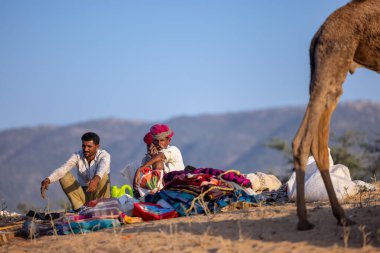 Puşkar, Rajasthan, Hindistan - 09 Kasım 2024: Çöldeki fuar alanında develerin ticareti sırasında geleneksel giysili bir Rajasthani halkının portresi.