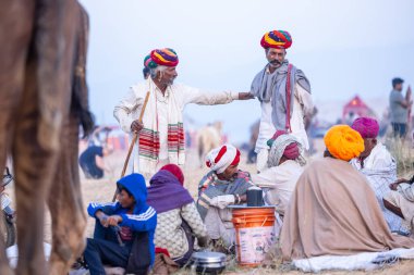 Pushkar Fuarı, deve festivali sırasında kum tepelerinin çöl zemininde deve süslemesi