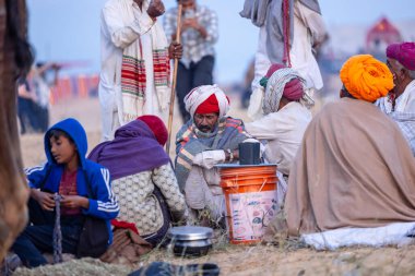 Pushkar Fuarı, deve festivali sırasında kum tepelerinin çöl zemininde deve süslemesi