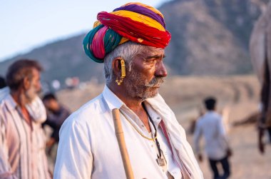 Pushkar Fuarı, deve festivali sırasında kum tepelerinin çöl zemininde deve süslemesi