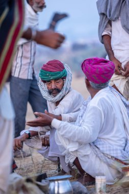 Puşkar, Rajasthan, Hindistan - Kasım 09 2024: Geleneksel beyaz elbiseli bir rajasthani erkeğinin portresi çöl panayırında deve pazarında deve ticareti yaparken renkli sarıklı.