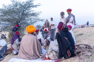 Puşkar, Rajasthan, Hindistan - Kasım 09 2024: Geleneksel beyaz elbiseli bir rajasthani erkeğinin portresi çöl panayırında deve pazarında deve ticareti yaparken renkli sarıklı.