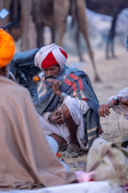 Puşkar, Rajasthan, Hindistan - Kasım 09 2024: Geleneksel beyaz elbiseli bir rajasthani erkeğinin portresi çöl panayırında deve pazarında deve ticareti yaparken renkli sarıklı.