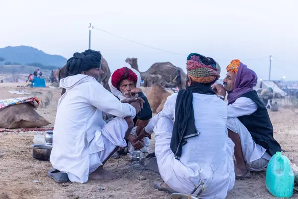 Puşkar, Rajasthan, Hindistan - Kasım 09 2024: Geleneksel beyaz elbiseli bir rajasthani erkeğinin portresi çöl panayırında deve pazarında deve ticareti yaparken renkli sarıklı.