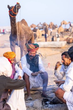 Puşkar, Rajasthan, Hindistan - 10 Kasım 2024: Deve ticareti karşılığında deve fuarı sırasında çöl fuarındaki Rajasthani erkeklerinin portresi.