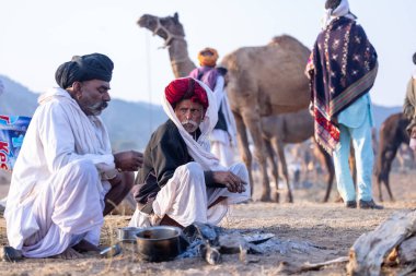 Puşkar, Rajasthan, Hindistan - 10 Kasım 2024: Deve ticareti karşılığında deve fuarı sırasında çöl fuarındaki Rajasthani erkeklerinin portresi.