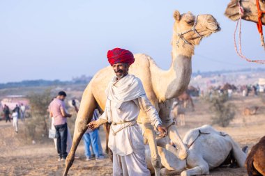 Puşkar, Rajasthan, Hindistan - 10 Kasım 2024: Deve ticareti karşılığında deve fuarı sırasında çöl fuarındaki Rajasthani erkeklerinin portresi.