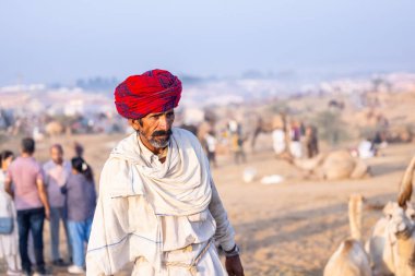 Puşkar, Rajasthan, Hindistan - 10 Kasım 2024: Deve ticareti karşılığında deve fuarı sırasında çöl fuarındaki Rajasthani erkeklerinin portresi.