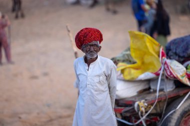 Puşkar, Rajasthan, Hindistan - 10 Kasım 2024: Geleneksel beyaz giysili rajasthani erkek portresi çöl panayırında renkli türbanlı deve fuarı sırasında develeri takas etmek için.