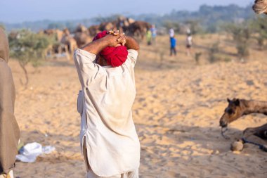 Puşkar, Rajasthan, Hindistan - 10 Kasım 2024: Deve ticareti için develer fuarı sırasında çöl panayırı.