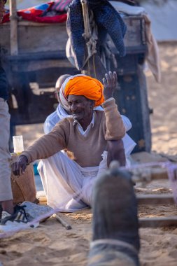 Puşkar, Rajasthan, Hindistan - 10 Kasım 2024: Deve ticareti için develer fuarı sırasında çöl panayırı.