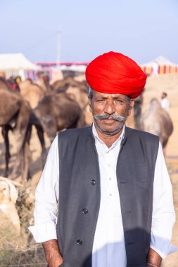 Puşkar, Rajasthan, Hindistan - 10 Kasım 2024: Geleneksel beyaz giysili rajasthani erkek portresi çöl panayırında renkli türbanlı deve fuarı sırasında develeri takas etmek için.