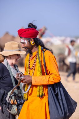 Pushkar, Rajasthan, Hindistan - 10 Kasım 2024: İtme kar deve fuarı sırasında açık zeminde renkli türbanlı kobra yılanı tutan genç yılan oynatıcısı erkek portresi.