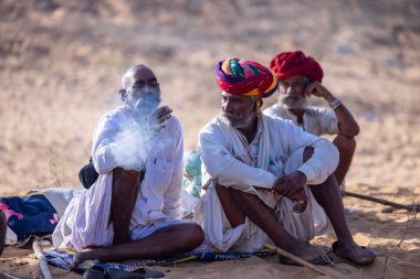 Puşkar, Rajasthan, Hindistan - 10 Kasım 2024: Geleneksel giysili rajasthani erkek portresi çöl panayırında renkli türbanlarla deve pazarında deve ticareti yaparken.