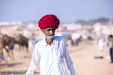 Puşkar, Rajasthan, Hindistan - 10 Kasım 2024: Deve ticareti sırasında geleneksel beyaz giysili rajasthani erkek portresi.