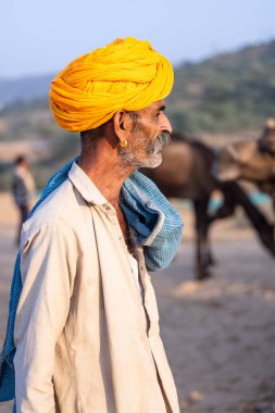 Pushkar, Rajasthan, India - November 10, 2024: Portrait of a rajasthani male in traditional clothes at desert fairground during the pushkar camel fair for trading camels.