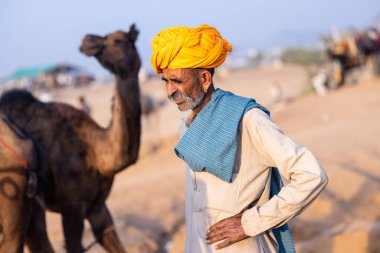 Pushkar, Rajasthan, India - November 10, 2024: Portrait of a rajasthani male in traditional clothes at desert fairground during the pushkar camel fair for trading camels.
