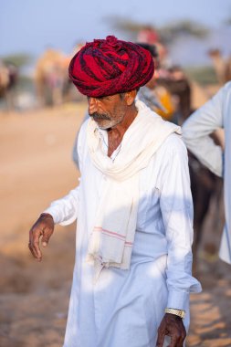 Pushkar, Rajasthan, India - November 10, 2024: Portrait of a rajasthani male in traditional clothes and colourful turban at desert fairground during the pushkar camel fair for trading camels.
