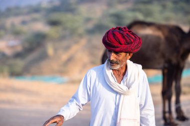 Pushkar, Rajasthan, India - November 10, 2024: Portrait of a rajasthani male in traditional clothes and colourful turban at desert fairground during the pushkar camel fair for trading camels.