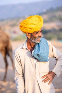 Pushkar, Rajasthan, India - November 10, 2024: Portrait of a rajasthani male in traditional clothes and colourful turban at desert fairground during the pushkar camel fair for trading camels.