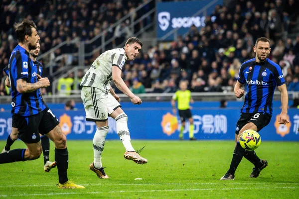 stock image Milan, Italy. 19/03/2023. Italian SerieA Football Championship.  Inter VS Juventus 0-1. Dusan Vlahovic, Juventus.