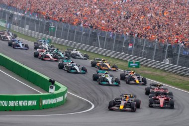 Zandvoort, Holland. 1-4 September 2022. F1 World Championship, Dutch Grand Prix. Race day. Race Start with Max Verstappen, Red Bull, leading the group of cars clipart