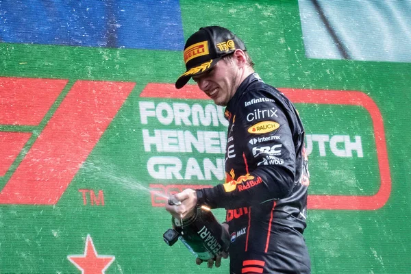 Stock image Zandvoort, Holland. 1-4 September 2022. F1 World Championship, Dutch Grand Prix. Race day. #1, Max VERSTAPPEN, NDL, Oracle Red Bull Racing RB18 Honda, race winner, celebrating on the podium.