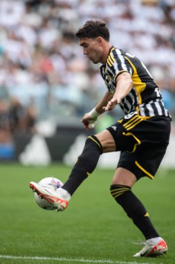 Torino, İtalya. 16 Eylül 2023. İtalyan Serisi A Futbol Şampiyonası 2023 / 24. Juventus Lazio 'ya karşı 3-1. Dusan Vlahoviç, Juventus, 3-1 'lik skorla.