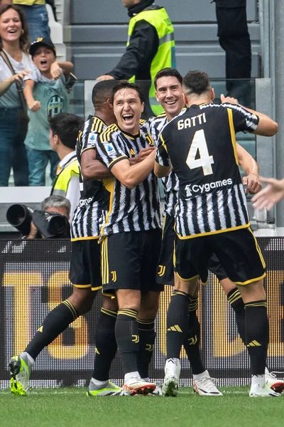 stock image Turin, Italy. 16 September 2023. Italian Serie A Football Championship 2023/24. Juventus VS Lazio 3-1. Dusan Vlahovic, Juventus, celebrating goal.