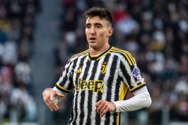 Torino, İtalya. 27 Nisan 2024. İtalyan Serisi A Futbol Şampiyonası. Juventus FC, Milan 'a karşı 0-0. Andrea Cambiaso, Juventus.