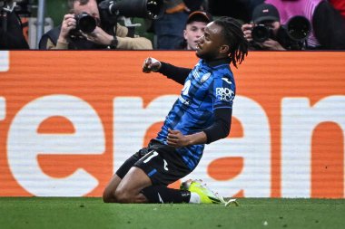 Dublin, İrlanda. 22 Mayıs 2024, Aviva Stadyumu. UEFA Avrupa Ligi Finali. Atalanta, Bayer Leverkusen 'e karşı 3-0. Ademola Lookman, Atalanta, golü kutluyor.
