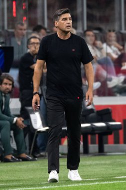 Milan, İtalya, Giuseppe Meazza Stadyumu. 17 Ağustos 2024. İtalyan Serisi A Futbol Şampiyonası. AC Milan Torino FC 'ye karşı. Alvaro Morata, Milan. Paulo Fonseca, koç Milan..