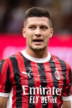 Milan, İtalya, Giuseppe Meazza Stadyumu. 17 Ağustos 2024. İtalyan Serisi A Futbol Şampiyonası. Milan, Torino FC 'ye karşı, 2-2. Luka Joviç, Milan.