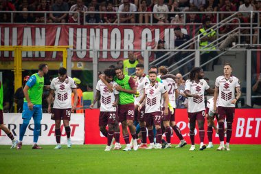 Milan, Italy, Stadium Giuseppe Meazza. 17 August 2024. Italian Serie A Football Championship. AC Milan VS Torino FC, 2-2. Duvan Zapata, Torino, score and celebrate with team-mates, the goal of 2-0. clipart