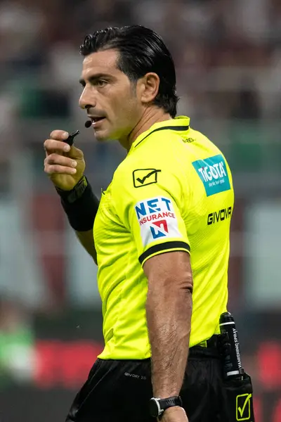 stock image Milan, Italy, Stadium Giuseppe Meazza. 17 August 2024. Italian Serie A Football Championship. AC Milan VS Torino FC. Alvaro Morata, Milan. Fabio Maresca, referee of the match.