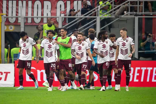 stock image Milan, Italy, Stadium Giuseppe Meazza. 17 August 2024. Italian Serie A Football Championship. AC Milan VS Torino FC, 2-2. Duvan Zapata, Torino, score and celebrate with team-mates, the goal of 2-0.