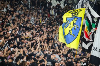 Torino, İtalya. 22 Ekim 2024. UEFa Şampiyonlar Ligi 2024-25. Juventus, VfB Stuttgart 'a karşı 0-1. Destekçiler Juventus.