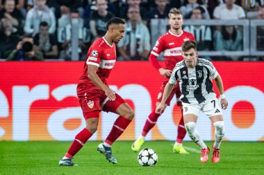 Torino, İtalya. 22 Ekim 2024. UEFa Şampiyonlar Ligi 2024-25. Juventus, VfB Stuttgart 'a karşı 0-1. Jamie Leweling, Stuttgart.