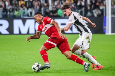 Torino, İtalya. 22 Ekim 2024. UEFa Şampiyonlar Ligi 2024-25. Juventus, VfB Stuttgart 'a karşı 0-1. Jamie Leweling, Stuttgart.