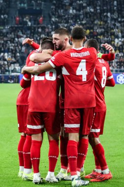 Torino, İtalya. 22 Ekim 2024. UEFa Şampiyonlar Ligi 2024-25. Juventus, VfB Stuttgart 'a karşı 0-1. Stuttgart oyuncuları kutlama yapıyor.