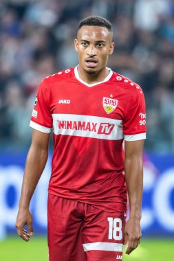 Torino, İtalya. 22 Ekim 2024. UEFa Şampiyonlar Ligi 2024-25. Juventus, VfB Stuttgart 'a karşı 0-1. Jamie Leweling, Stuttgart.