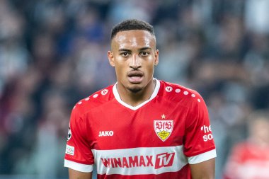 Torino, İtalya. 22 Ekim 2024. UEFa Şampiyonlar Ligi 2024-25. Juventus, VfB Stuttgart 'a karşı 0-1. Jamie Leweling, Stuttgart.