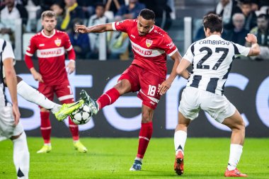 Torino, İtalya. 22 Ekim 2024. UEFa Şampiyonlar Ligi 2024-25. Juventus, VfB Stuttgart 'a karşı 0-1. Jamie Leweling, Stuttgart.