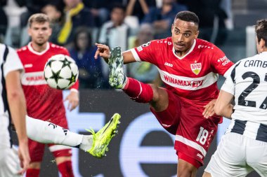 Torino, İtalya. 22 Ekim 2024. UEFa Şampiyonlar Ligi 2024-25. Juventus, VfB Stuttgart 'a karşı 0-1. Jamie Leweling, Stuttgart.