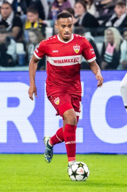 Torino, İtalya. 22 Ekim 2024. UEFa Şampiyonlar Ligi 2024-25. Juventus, VfB Stuttgart 'a karşı 0-1. Jamie Leweling, Stuttgart.