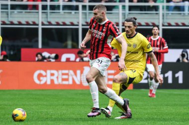 Milan, İtalya. 26 Ocak 2025. Giuseppe Meazza Stadyumu. İtalyan Serisi A Şampiyonası. Milan, Parma 'ya karşı 3-2. Strahinja Pavloviç, Milan, kutlama.