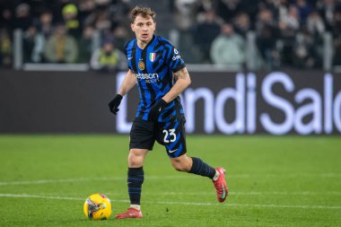 Torino, İtalya. 16 Şubat 2025. İtalyan Serisi A Futbol Şampiyonası. Juventus 'a karşı Inter 1-0. Nicolo Barella, Inter..
